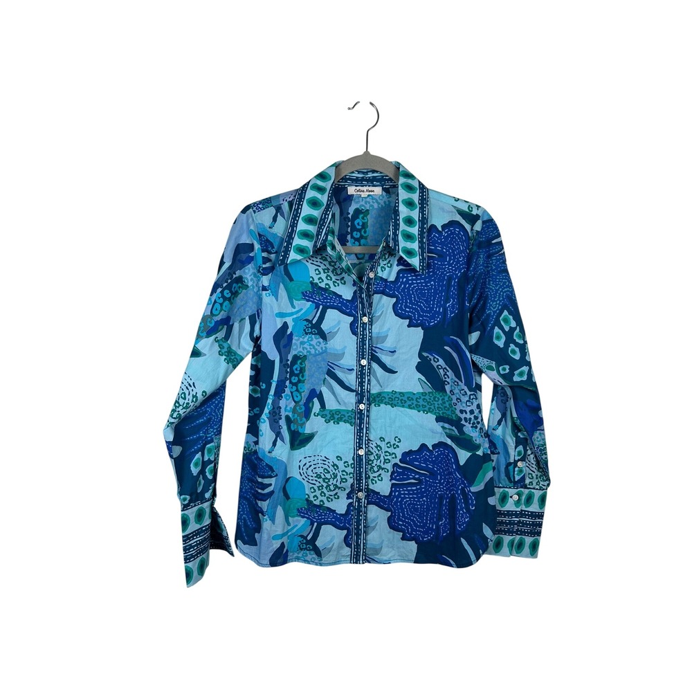Celina Moon Button Down Shirt Womens M Blue Abstract Leopard Print Excellent